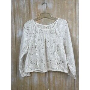 Joie White Eyelet Long Sleeve Top w/Ruffle Detail & Drawstring Waist Size S